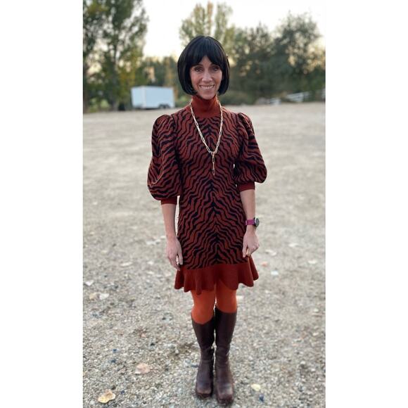 ULLA JOHNSON Red Black Zebra Printed 100% Merino Wool Puff Sleeves Joni Dress M - Picture 16 of 16